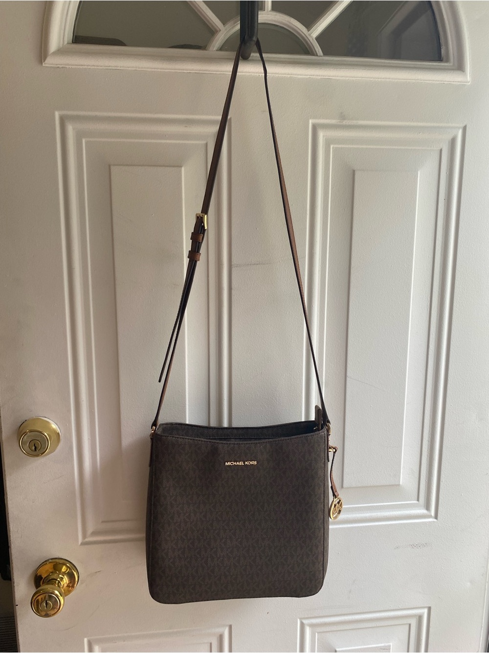 Michael Kors Dark Brown Signature Crossbody with Gold Hardware